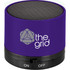 A purple cylinder Bluetooth speaker with a textured top and a logo on the side.