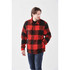 A unisex fleece jacket in red and black check pattern, featuring buttons and two front pockets.