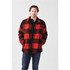 A unisex jacket in red and black checkerboard fleece, featuring two chest pockets and a button-up front.