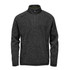 A men's 1/4 zip pullover in a dark grey marled texture, featuring a zippered pocket and a collar.