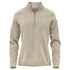 A light beige women's 1/4 zip pullover jumper with a zippered collar and a sleeve pocket. Features a branding logo.