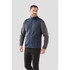 Men's Avalante Full Zip Fleece Vest in navy and grey, featuring a zippered front and side pockets. Includes a logo.