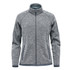 A women's full zip fleece jacket in grey, featuring a high collar and side pockets, with a logo on the sleeve.
