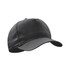 A black cap with a curved brim and a seamless design, featuring a logo on the front.