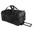 A black wheeled duffle bag with straps and a handle, featuring a logo.