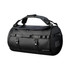 A black waterproof duffle bag with adjustable straps and a logo, featuring a cylindrical shape and sturdy handles.