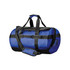 A waterproof duffle bag in blue and black, featuring adjustable straps and a logo on the side.