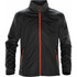A men's jacket in black with orange accents, featuring a zip front and side pockets, and a branded logo.