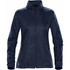 A women's rain jacket in navy blue, featuring a zip front and side pockets. The jacket includes a logo on the lower hem.