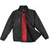 A black thermal jacket with red accents and a logo, featuring a zippered front and multiple pockets.