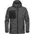 A grey rain jacket with a black panel and a hood, featuring zippered pockets and a brand logo.