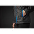 A black rain jacket featuring blue accents and a zippered pocket on the side.