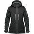 A black women's jacket with a hood, featuring multiple zippered pockets and a sleek design. It has a logo on the side.