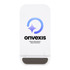 A white wireless charger with a rounded design, featuring a logo and a smooth surface.