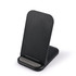 A black wireless charger with a sleek, angled design and a small base for stability.