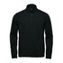 A black 1/4 zip pullover with raglan sleeves and a front zipper, featuring a brand logo.