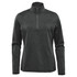A women's dark grey 1/4 zip pullover featuring long sleeves and a high collar, with a logo on the front.