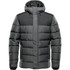 A dark grey men's parka jacket with a hood, featuring a quilted design and contrasting shoulder panels.