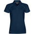 A women's navy polo shirt with a fitted design, featuring a logo and contrasting stitching.
