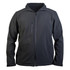 A black softshell jacket featuring a zip closure and zippered chest pocket, with a logo on the chest.