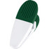 A green and white magnetic memo holder/clip with a textured grip. It features a branding logo.