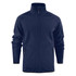 A navy blue men's softshell fleece hybrid jacket with a high collar and zippered front, featuring side pockets and branding.