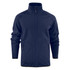 A navy softshell fleece hybrid jacket with a front zipper and two side pockets. It features a collar and has a logo.