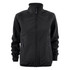 A black softshell fleece hybrid jacket with a zip front and two side pockets, featuring a logo on the chest.