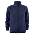 A navy women's softshell fleece hybrid jacket with a zip front and side pockets, featuring a logo.