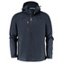 A dark blue rain jacket with a hood, featuring zippered pockets and a logo on the chest.