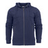 A navy blue men's hoodie with a front zip, drawstring hood, and two side pockets. It has a logo on the front.