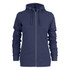 A navy women's hoody featuring a zip front, kangaroo pockets, and a hood. It has a logo on it.