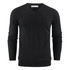 A black men's v-neck sweater with long sleeves, featuring a logo on the label.