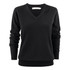 A black women's V-neck sweater with long sleeves and ribbed cuffs, featuring a small logo.