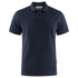 A navy blue men's cotton polo shirt with a collar and three buttons, featuring a logo.