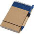 A recycled notepad with a blue top section and elastic band, accompanied by a blue pen.
