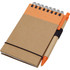 A brown recycled notepad with a spiral binding and an orange top section, accompanied by an orange pen.