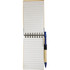 A notepad with lined pages and a blue pen attached, featuring a simple spiral binding and a recycled design.
