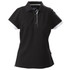 A black women's cotton polo shirt with white collar and sleeve accents, featuring a logo on the chest.