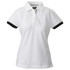 A white women's cotton polo shirt with black accents on the sleeves and a collar. It features a branded logo.