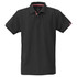 A black men's polo shirt with a collar and short sleeves, featuring a logo and striped details on the sleeves.