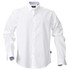 A white button-up shirt with long sleeves and a collar, featuring a logo on the label.
