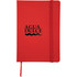 A red 5 x 7 notebook with an elastic closure and a ribbon bookmark, featuring a logo on the front.