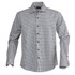 A button-up men's shirt featuring a black and white check pattern and long sleeves, with a logo on the collar.
