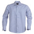 A button-up shirt featuring a blue and white check pattern, with long sleeves and a collar, includes a logo.