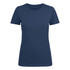 A women's crew neck tee in navy blue with short sleeves and a logo on the side.