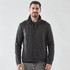 A black men's jacket with a collared design, featuring buttons and a logo. The model stands against a plain background.