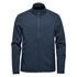 A navy blue softshell jacket with a zip front and side pockets, featuring a logo on the chest.
