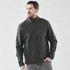 A men's softshell jacket in dark grey, featuring a zip front and side pockets, with a logo on the chest.