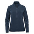 A navy softshell jacket with a full zip and high collar, featuring long sleeves and a logo on the chest.